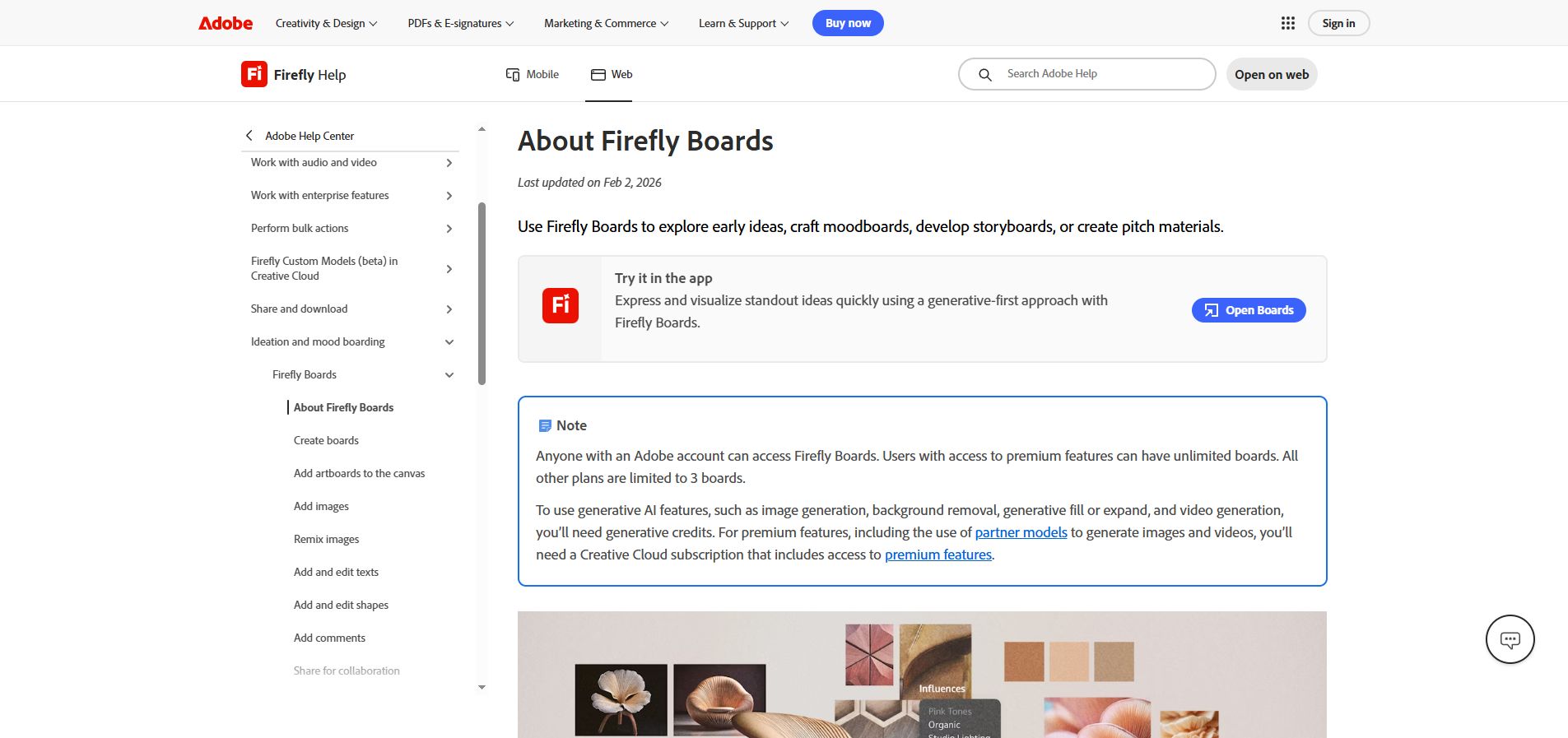 Adobe Firefly Boards 사용법: 무드보드에서 이미지·영상 아이디어를 검토하는 과정 공식 화면 캡처 1