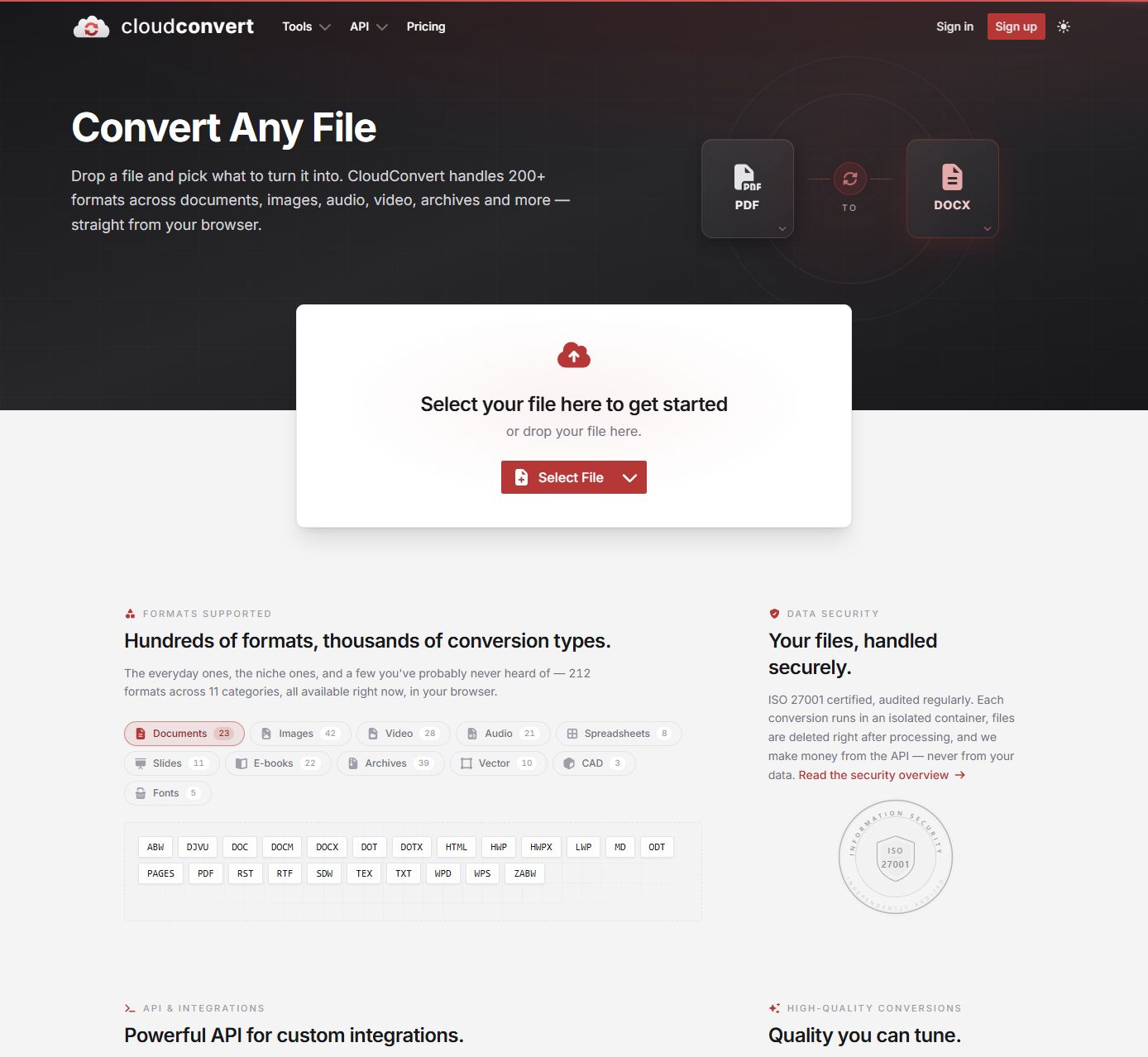 CloudConvert 파일 변환 선택 화면