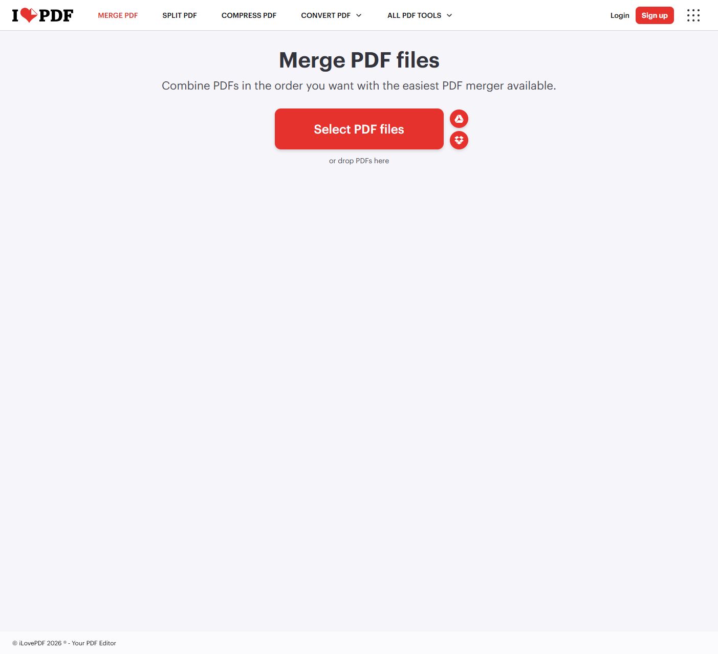 iLovePDF PDF 합치기 파일 선택 화면