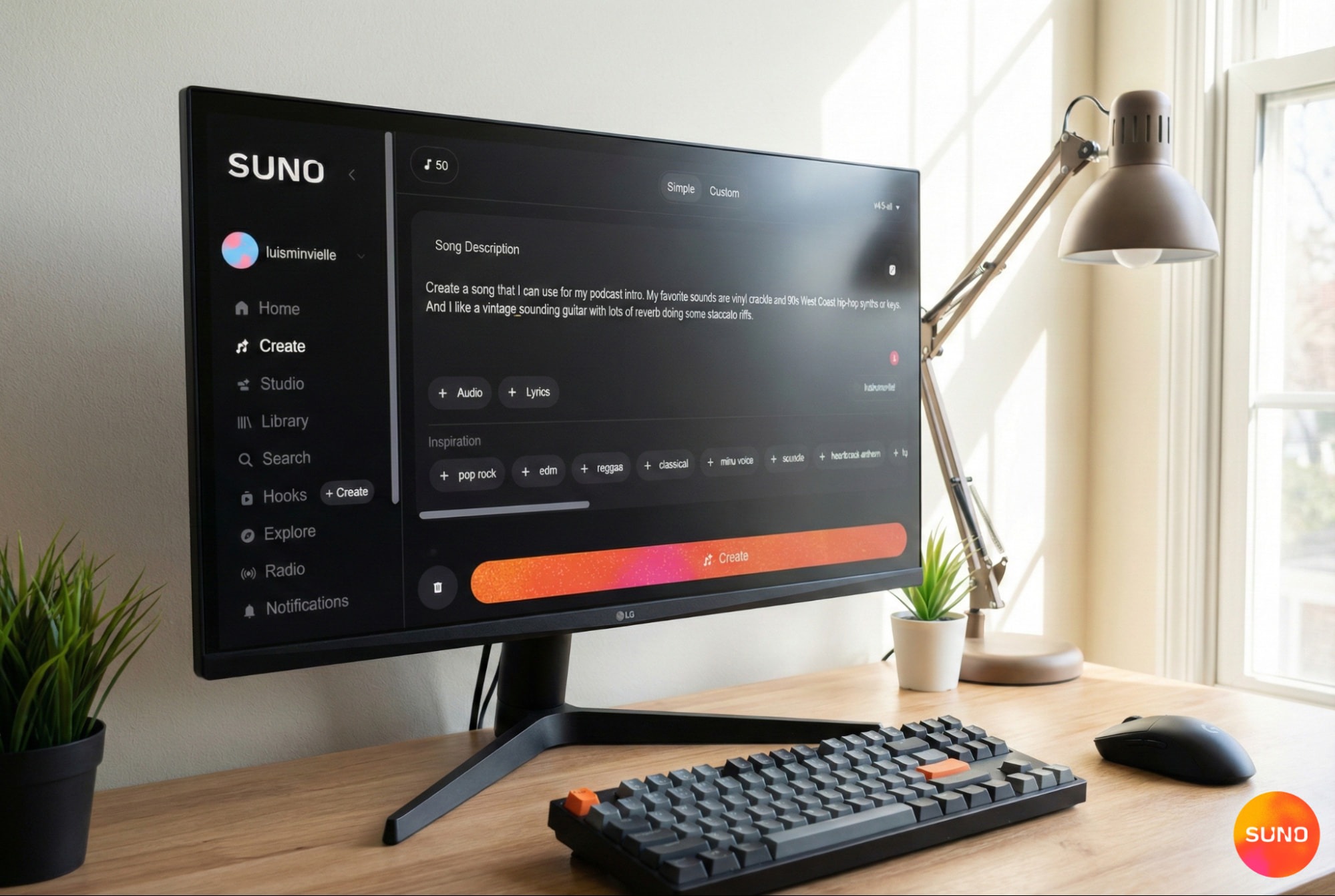 Suno Create 화면을 설명하는 공식 이미지
