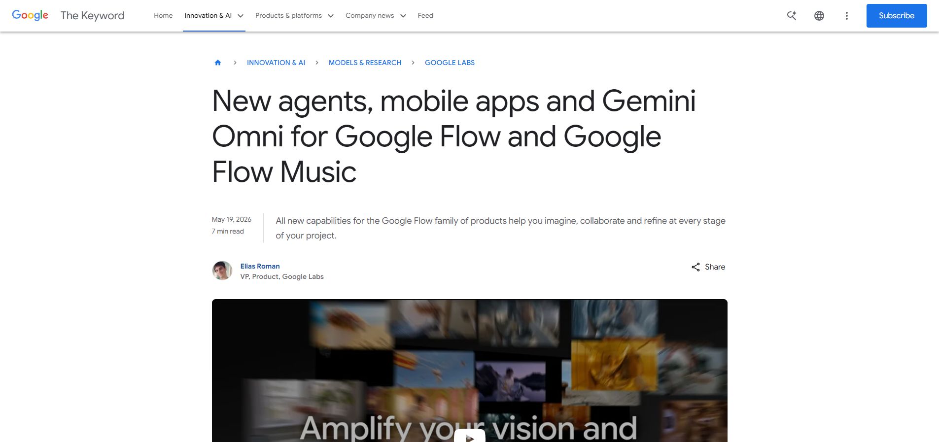 Google Flow 사용 흐름: Gemini Omni와 Flow Agent로 영상 아이디어를 장면으로 만드는 법 공식 화면 캡처 1