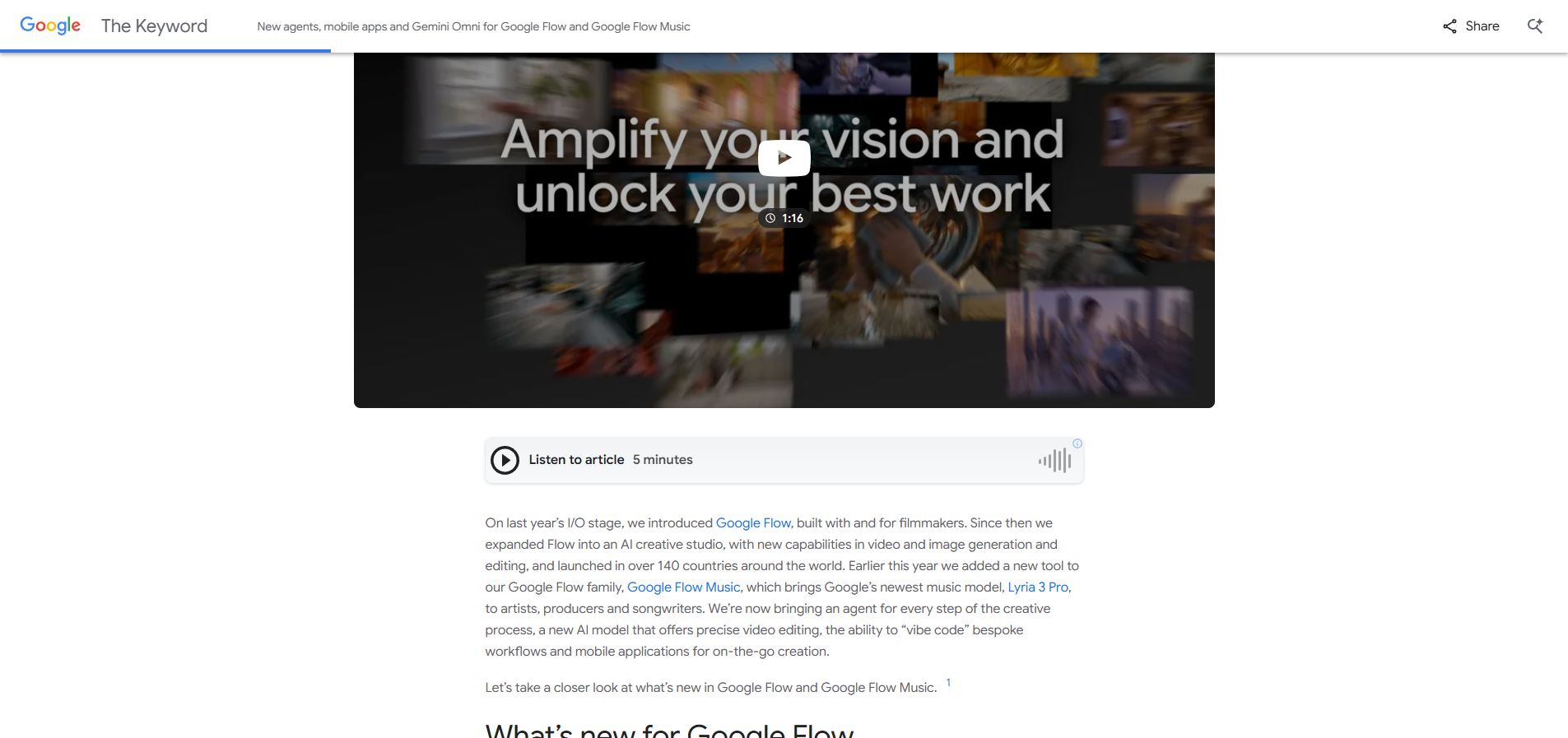 Google Flow 사용 흐름: Gemini Omni와 Flow Agent로 영상 아이디어를 장면으로 만드는 법 공식 화면 캡처 2