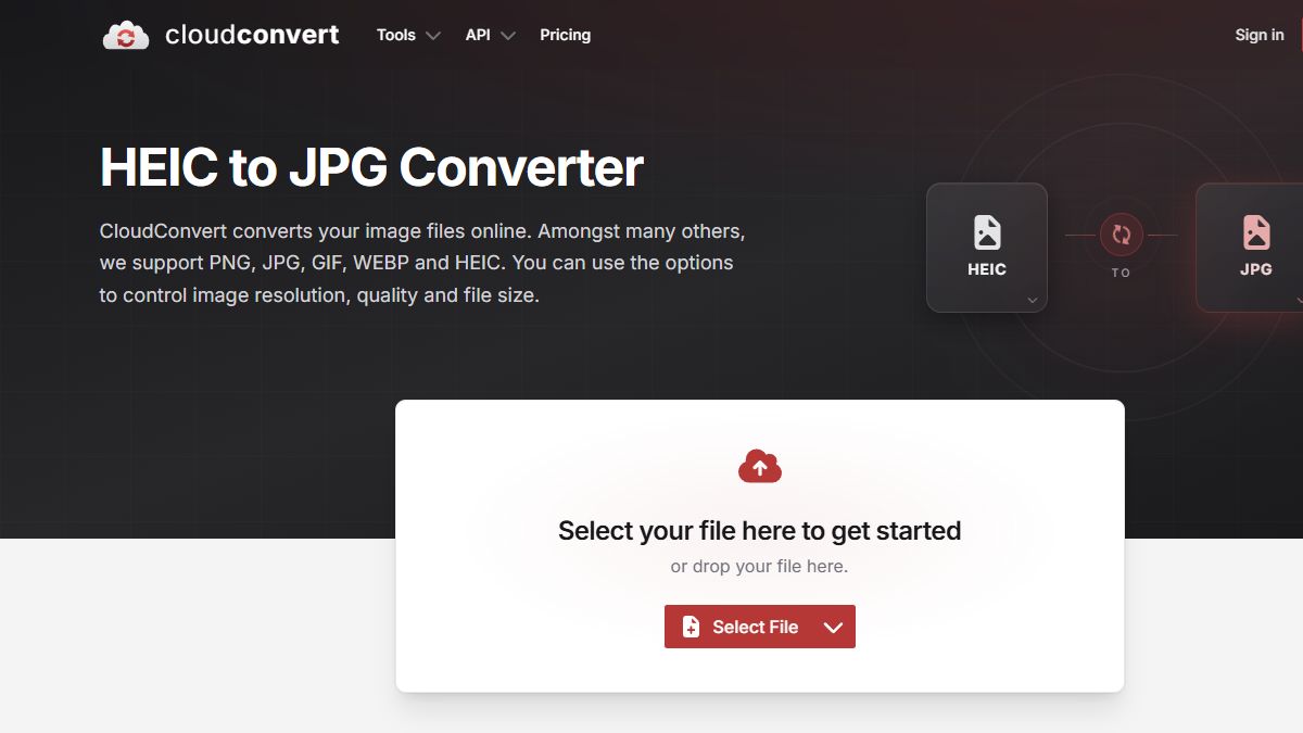 CloudConvert HEIC JPG 변환 공식 화면