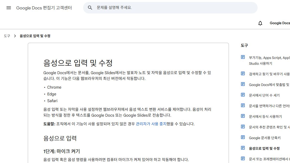 Google 문서 음성 입력 공식 도움말 화면